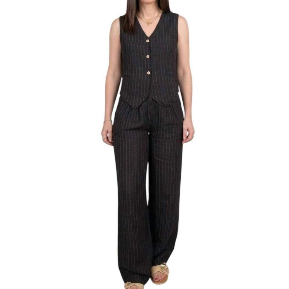 NEW MILIO MILANO pinstriped wide leg linen pant in black
